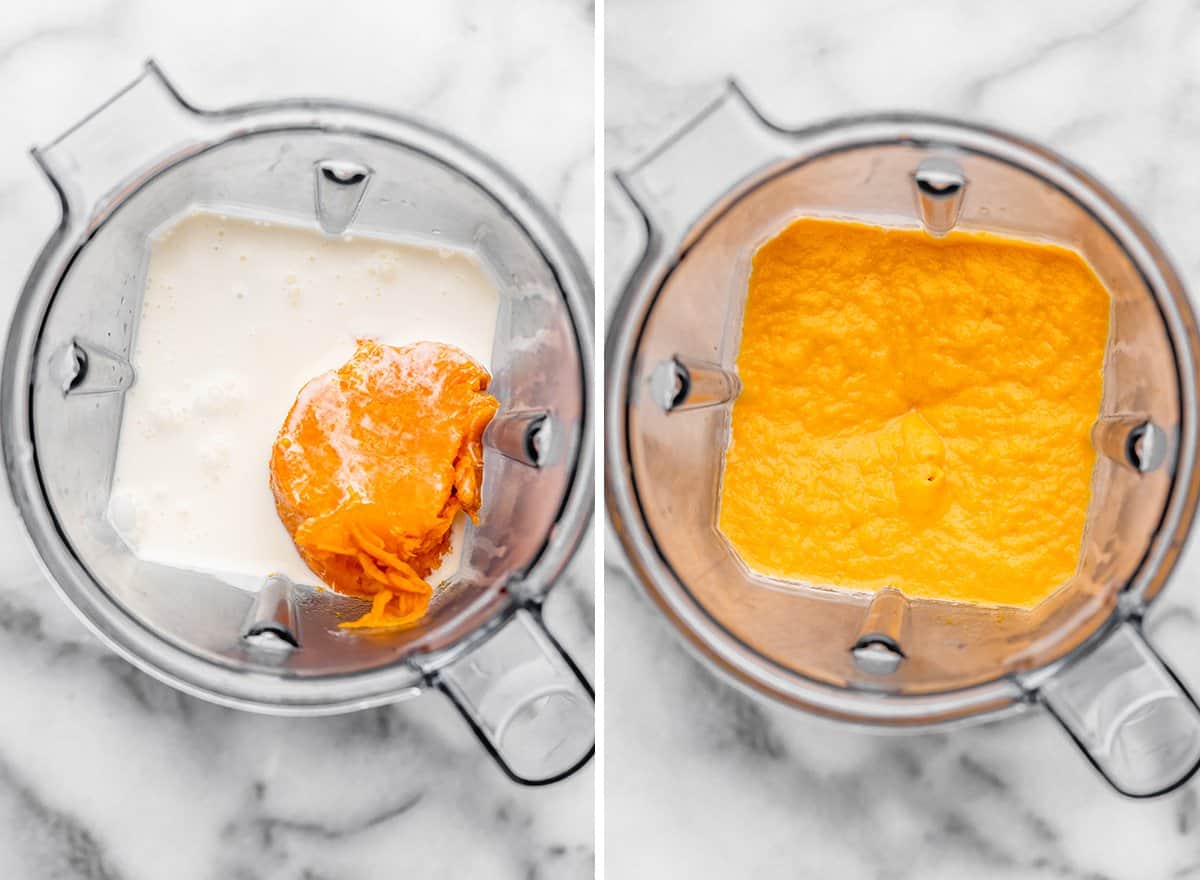 two photos showing How to Make Sweet Potato Pie filling in a blender 