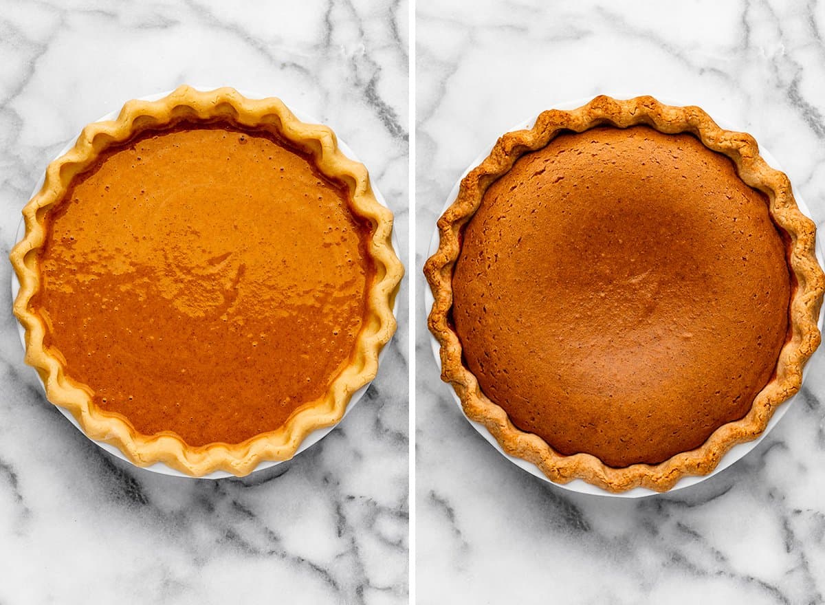 two photos showing How to Make Sweet Potato Pie - the pie before and after baking
