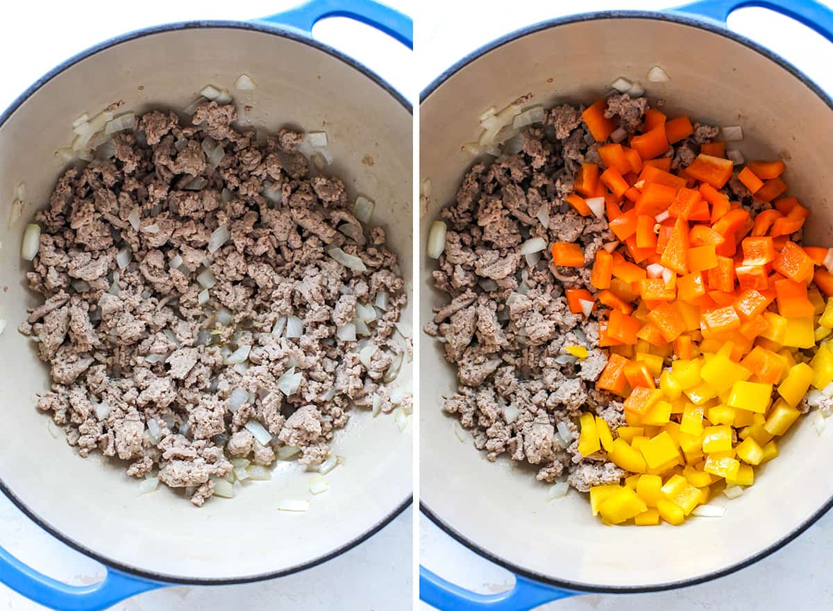 two overhead photos showing how to make turkey chili