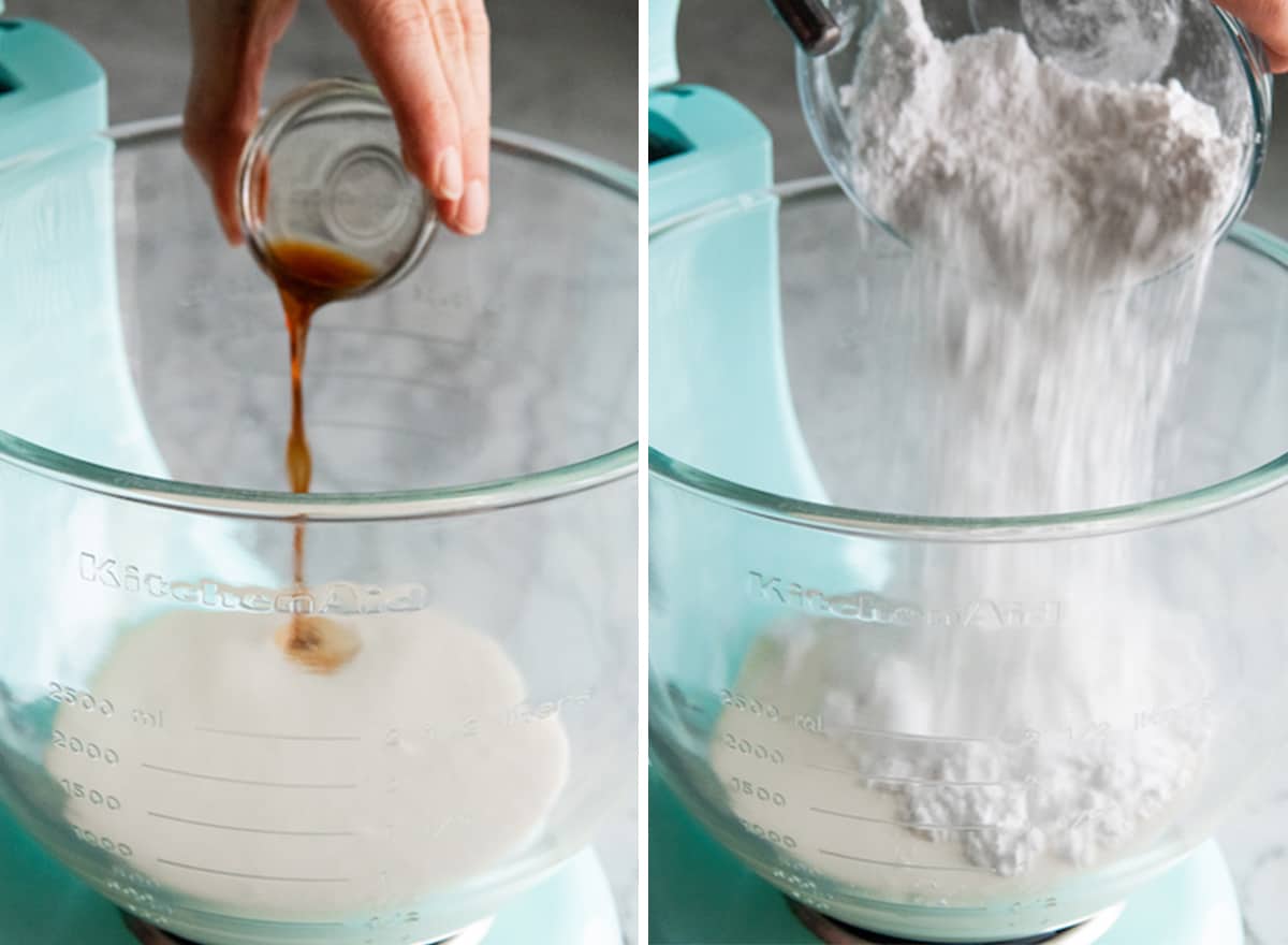 two photos showing How to Make Whipped Cream - adding vanilla and powdered sugar