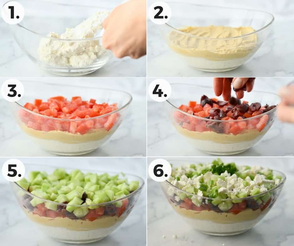 collage of 6 images showing how to make Greek dip