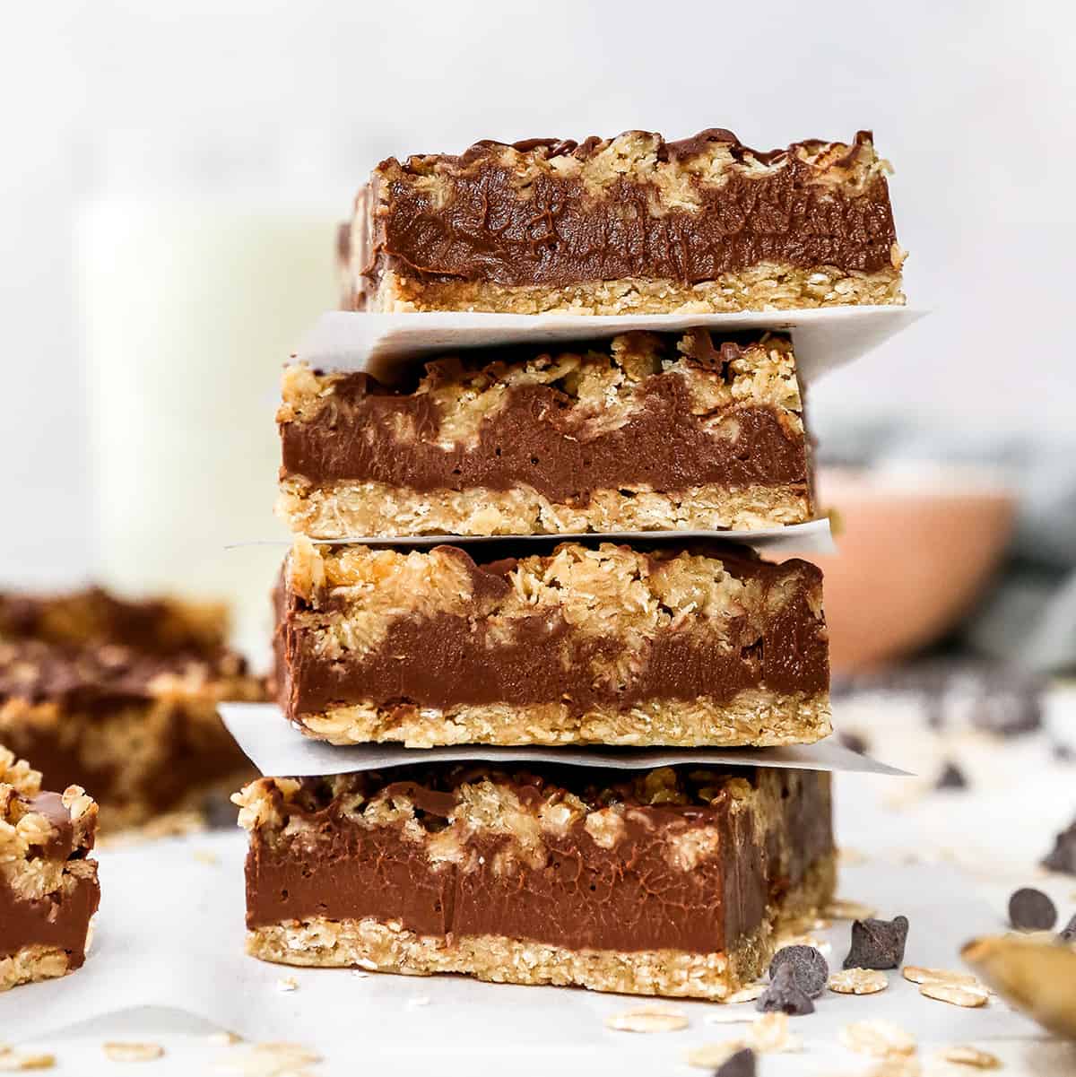 front view of a stack of four No-Bake Chocolate Peanut Butter Oatmeal Bars