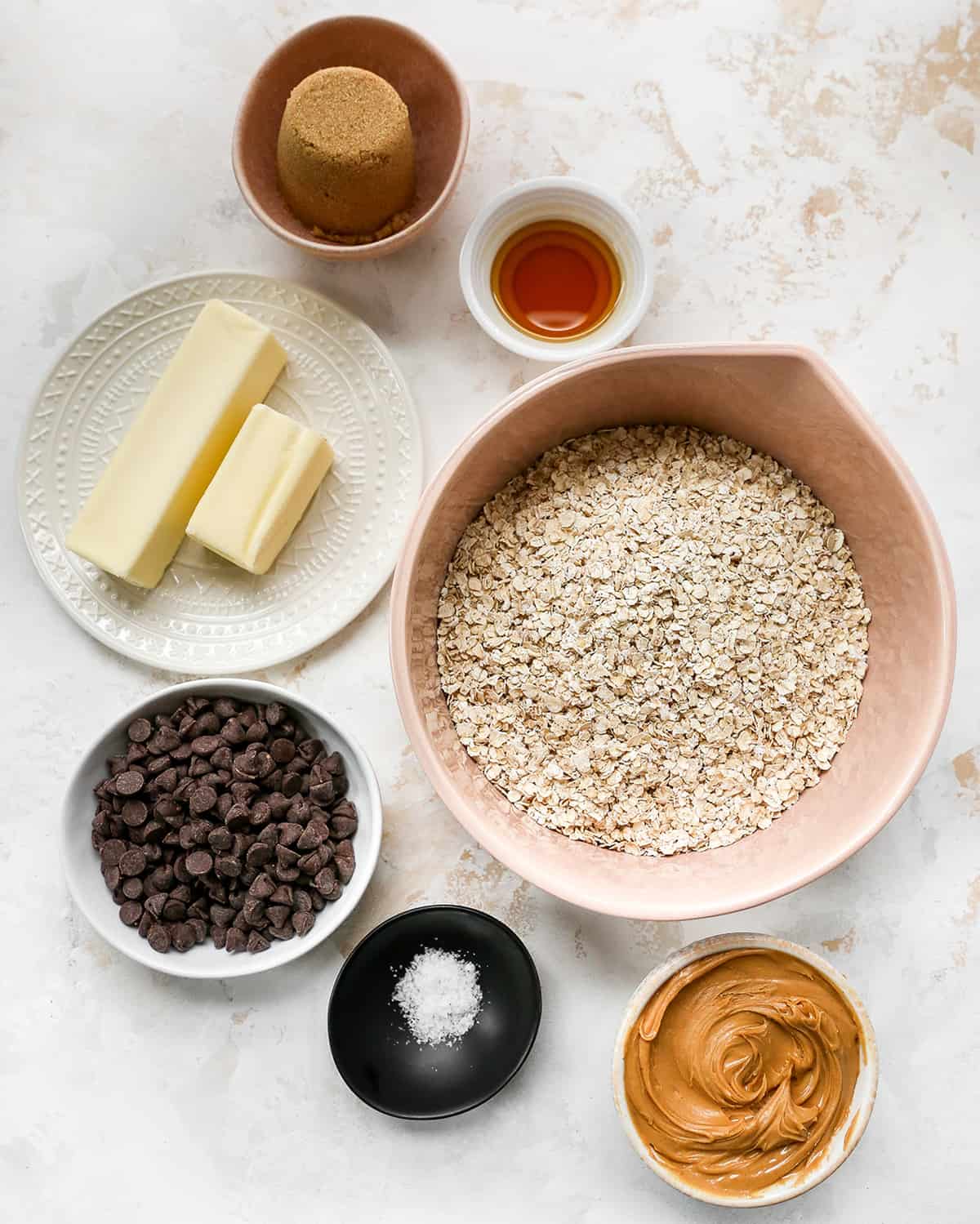 Overhead photo of the ingredients in this Chocolate Peanut Butter Oatmeal Bars recipe