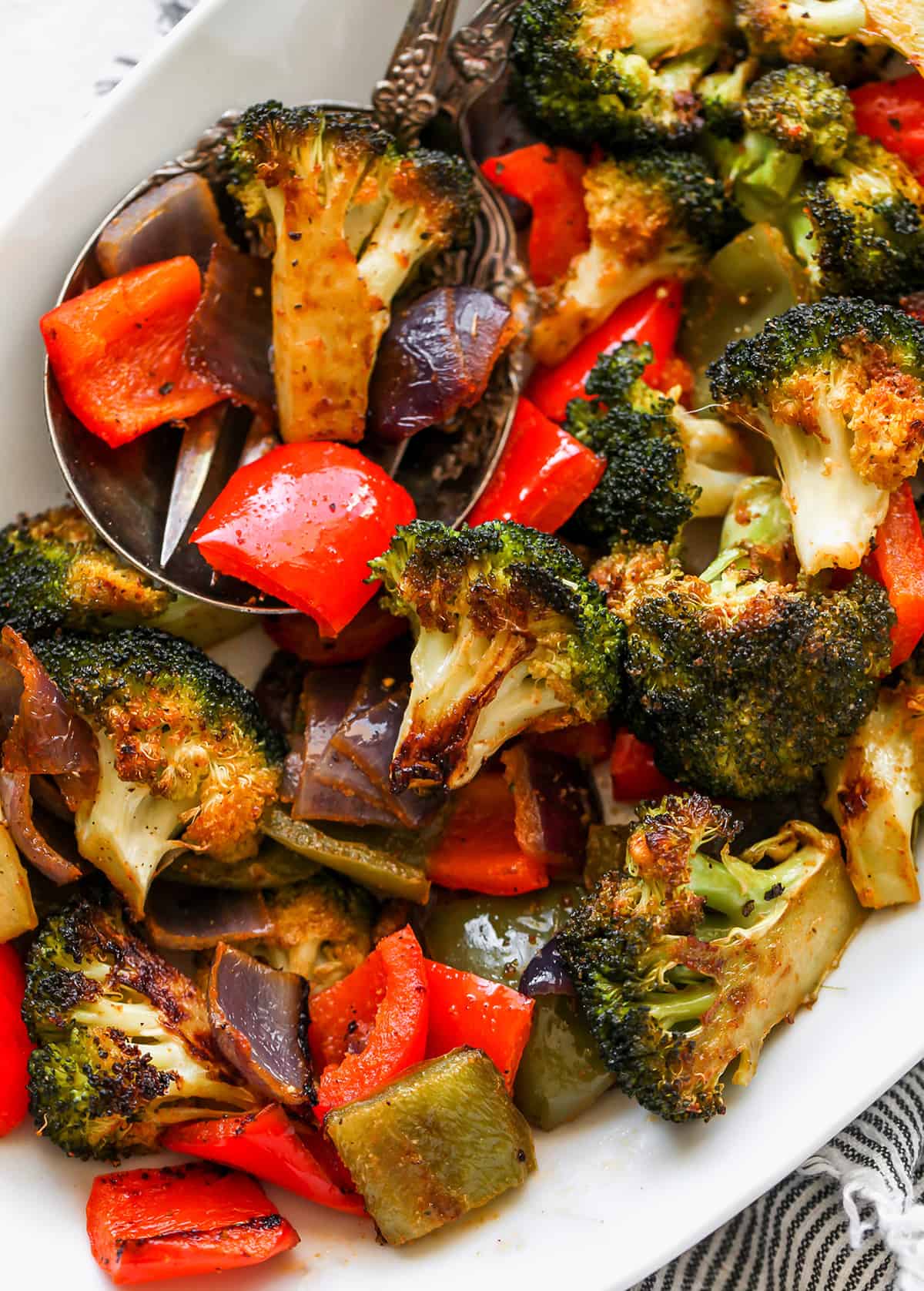 overhead vie of Oven Roasted Vegetables on a serving platter