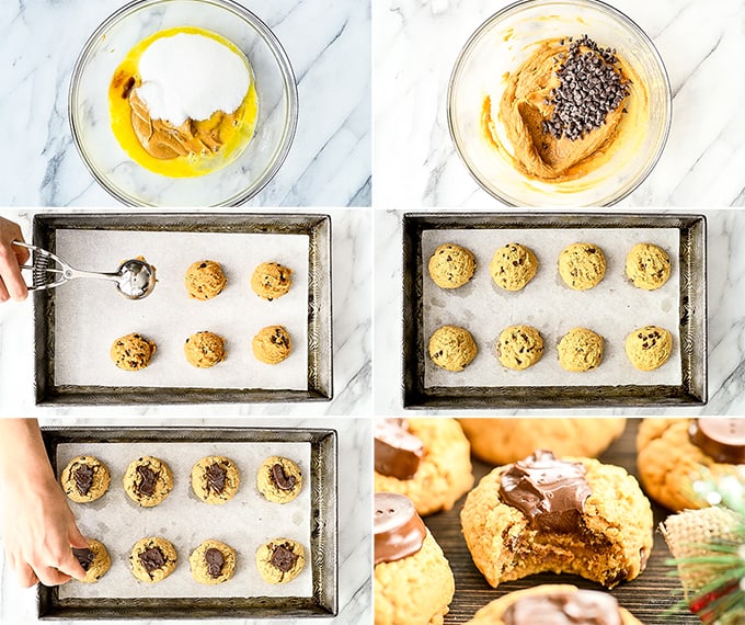Overhead view of six step-by-step photos showing how to make gluten-free peanut butter blossoms