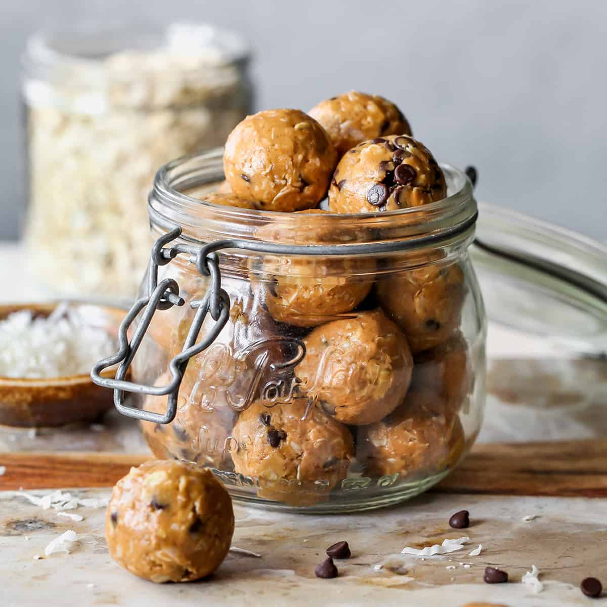 front view of a glass jar of Peanut Butter Protein Balls (Energy Balls)