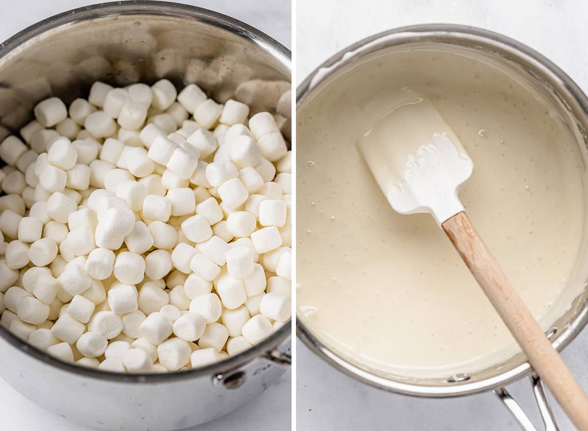 two photos showing how to make a Rice Crispy Cake - melting marshmallows