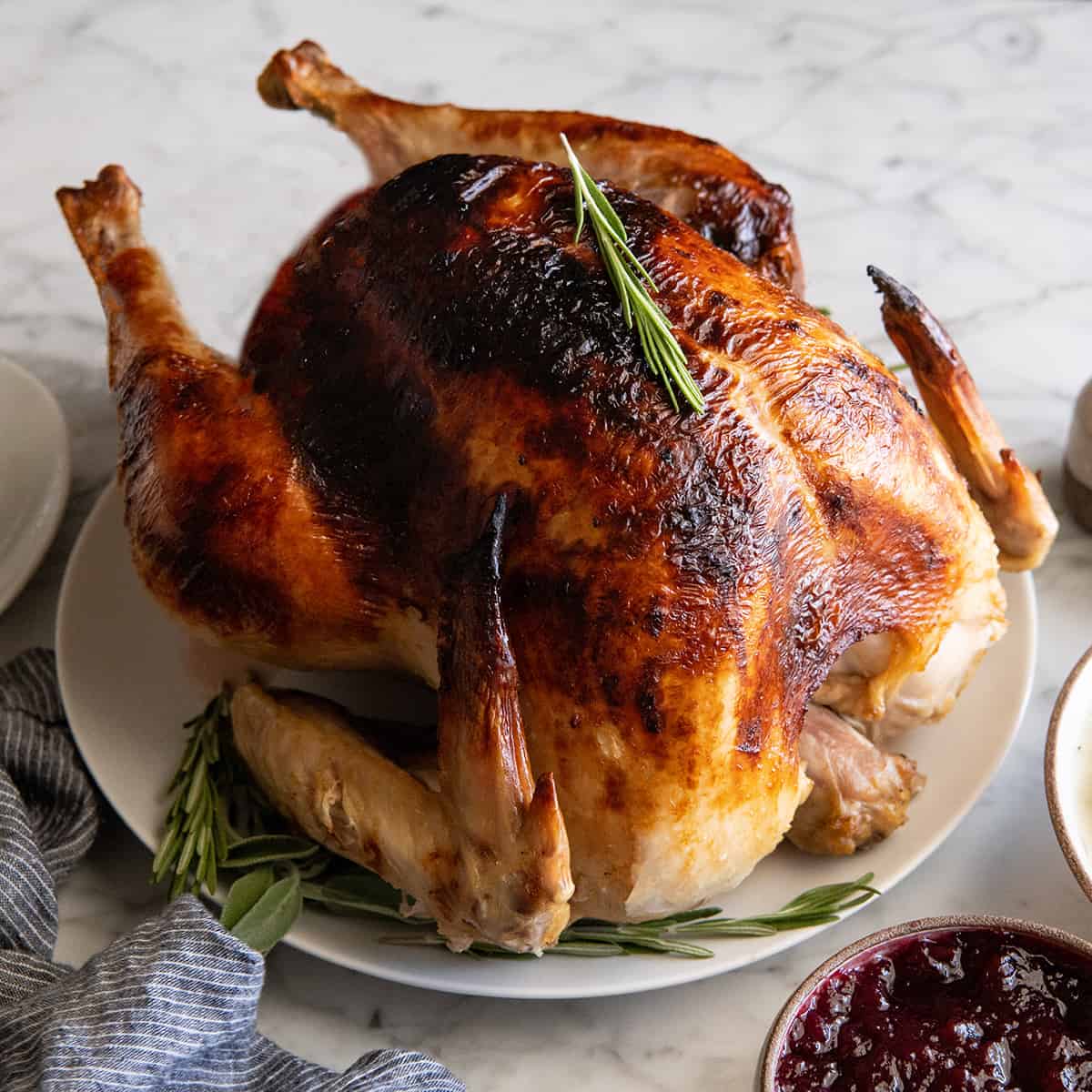 front view of a roast turkey on a serving plate