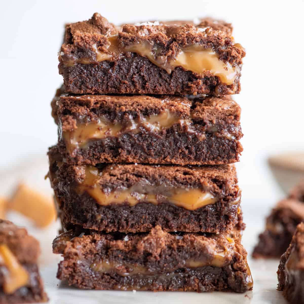 a stack of 4 salted caramel brownies