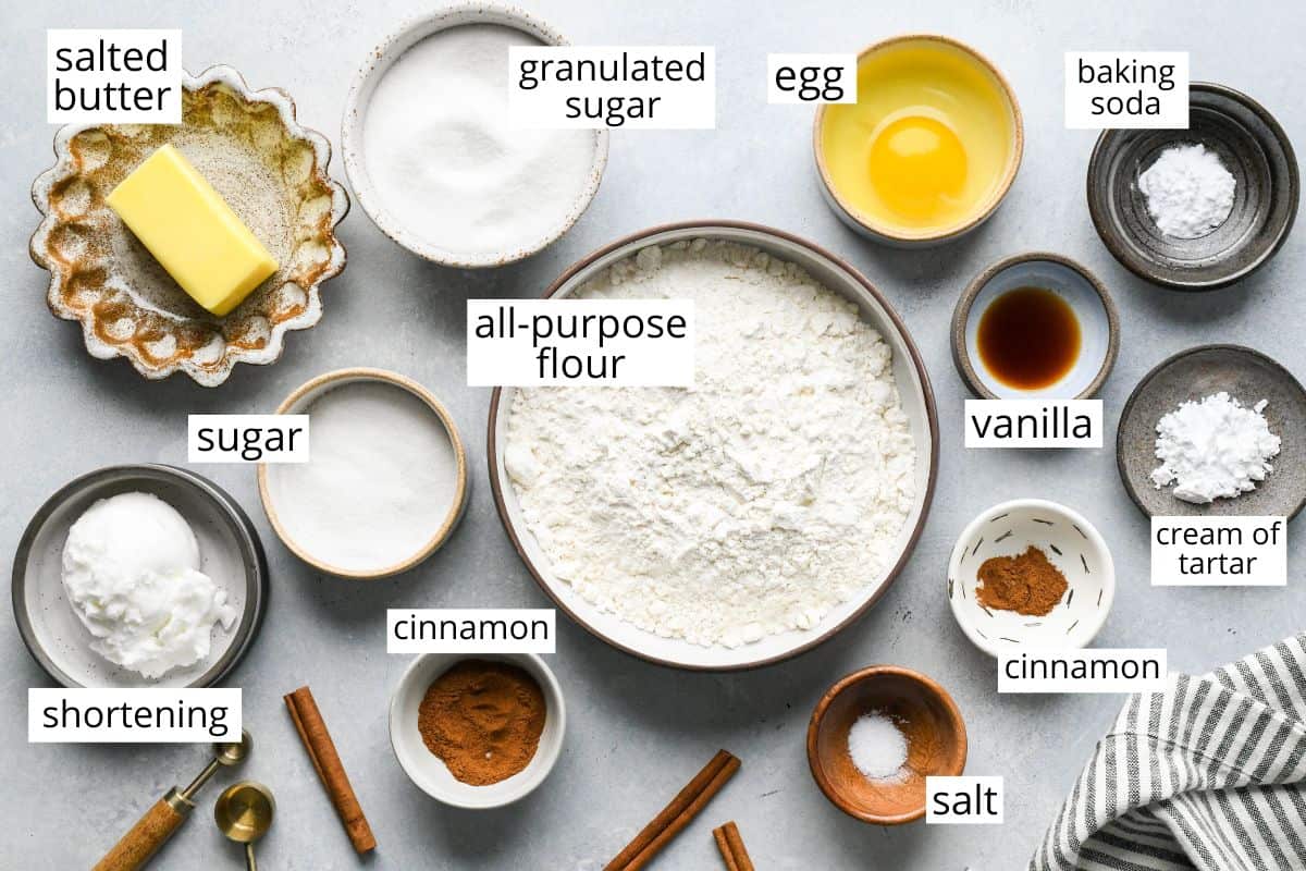 overhead photo of the labeled ingredients in this snickerdoodle recipe