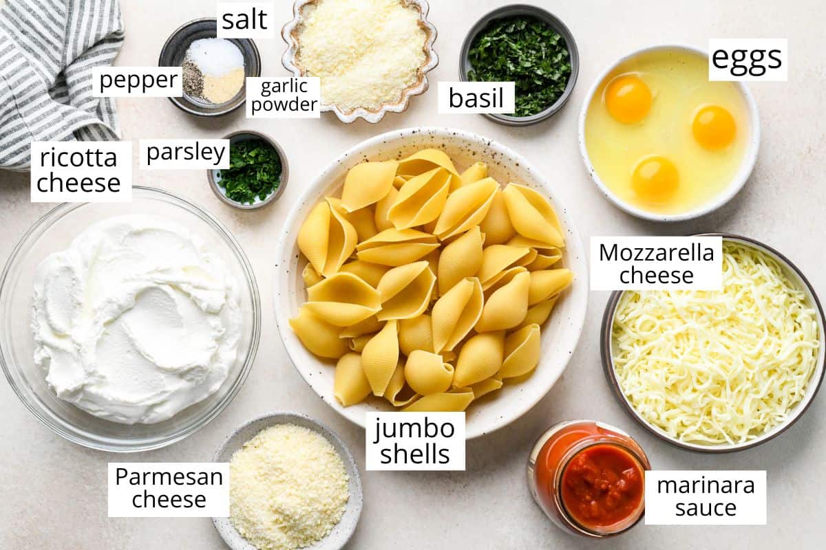 overhead photo of the ingredients in this Stuffed Shells Recipe