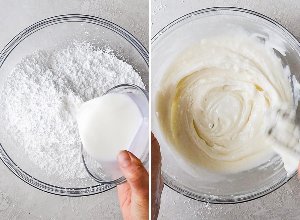 two overhead photos of a glass bowl. the left shows milk being added to powdered sugar and the right shows a hand stirring the sugar cookie frosting. 