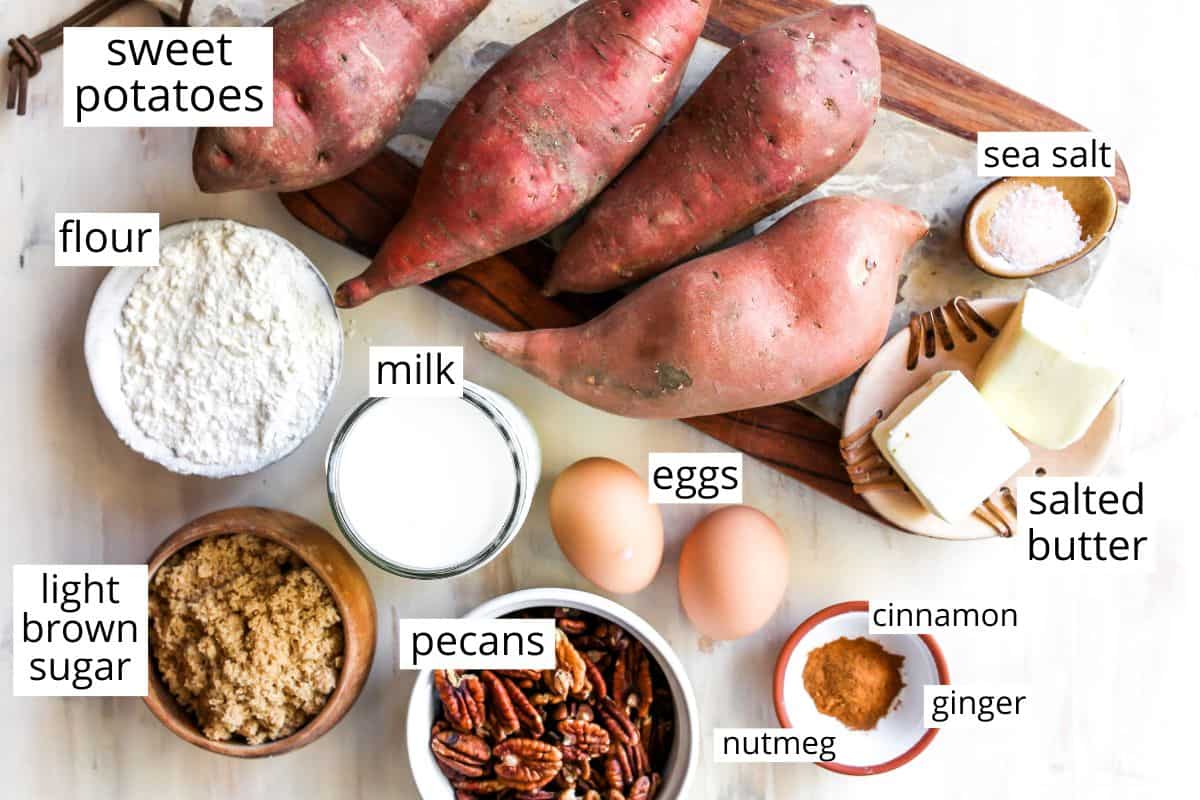 overhead view of the ingredients in this sweet potato casserole recipe