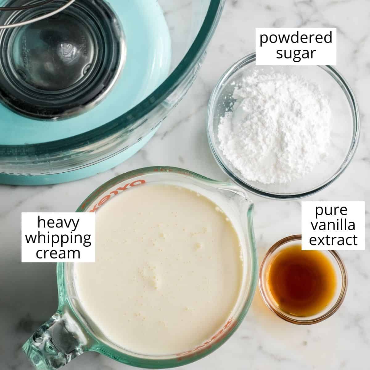 overhead view of the ingredients in this homemade whipped cream recipe