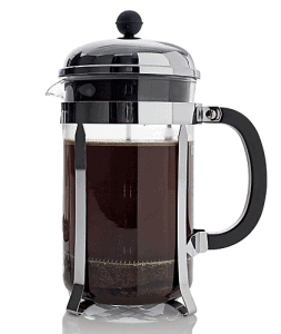 Front view of a bodum French Press, part of the list of Best Kitchen Gifts (for the Hostess, Chef or Foodie)
