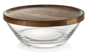 Front view of a glass bowl with a wooden lid, part of the list of Best Kitchen Gifts (for the Hostess, Chef or Foodie)